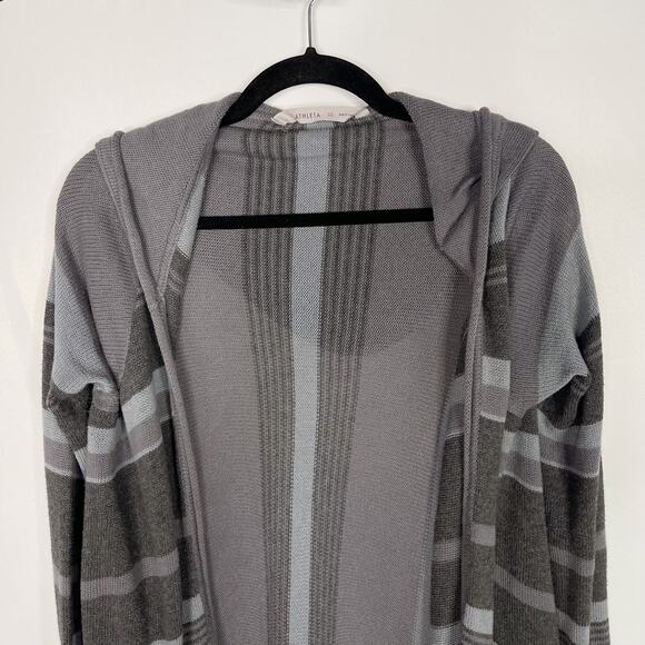 Athleta XS Gray Striped Cotton Cashmere Draped Open Front Cardigan Sweater Hood - Picture 3 of 8